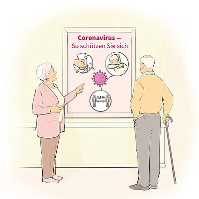 Zwei ältere Menschen vor einem Corona-Schutz Plakat