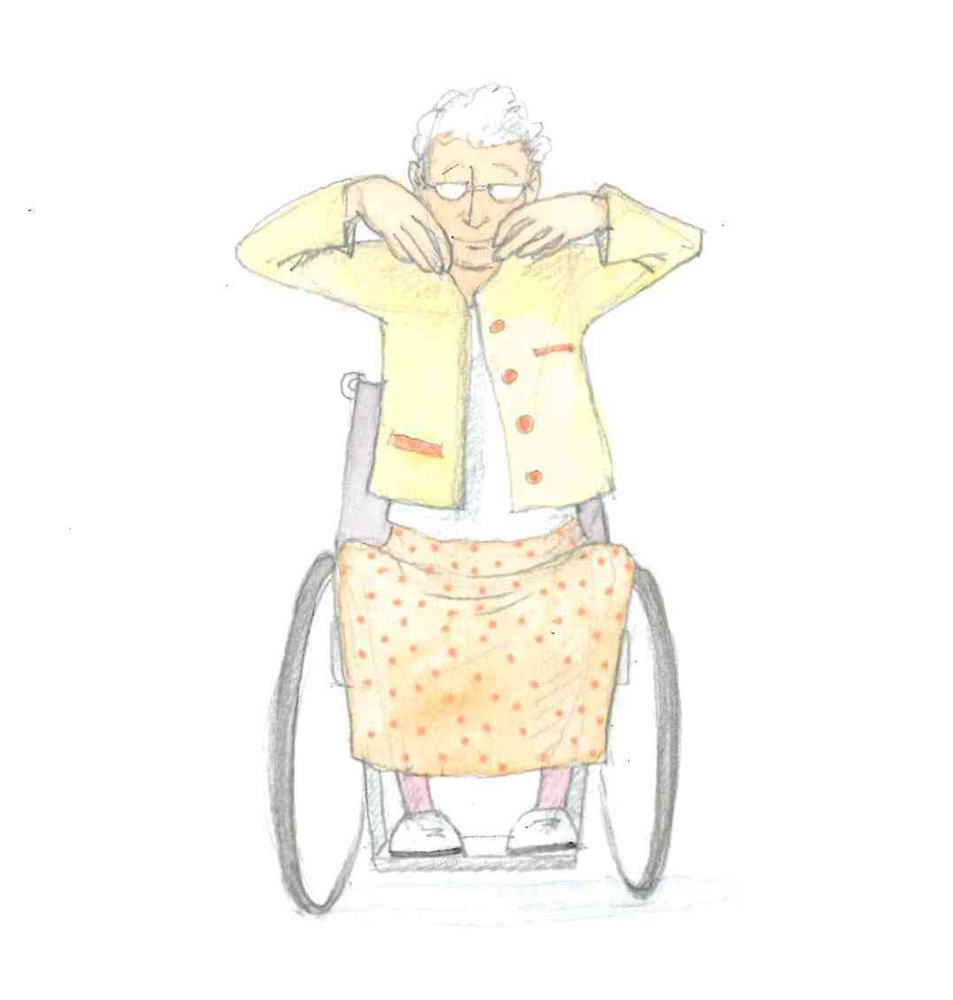 Ältere Frau sitzt im Rollstuhl und bewegt ihre Arme