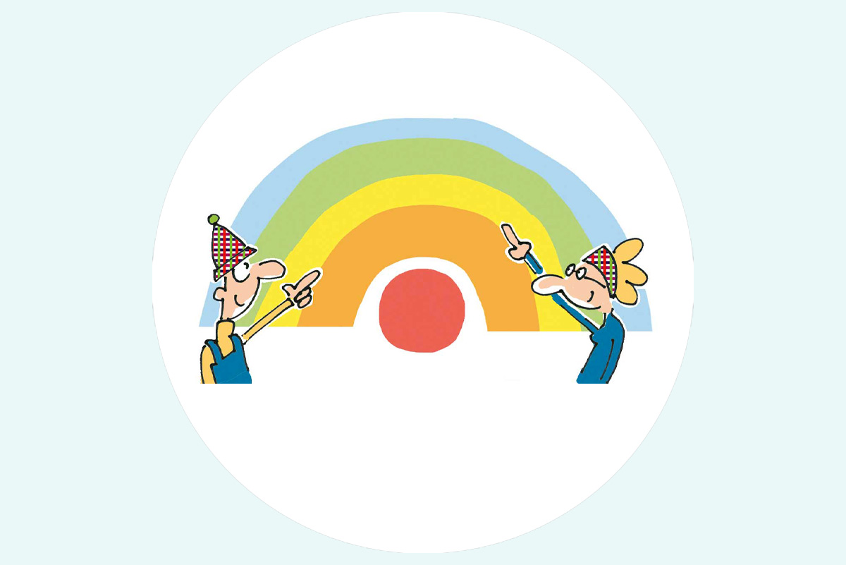 Zwei gezeichnete Personen vor einem Regenbogen